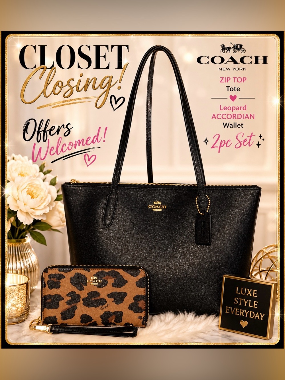 Coach ZIP TOP Tote/Leopard ACCORDIAN Wallet 2pc Set